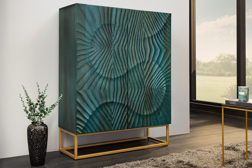Massives Highboard SCORPION 120cm türkis Mangoholz mit 3D Schnitzereien gold Metall