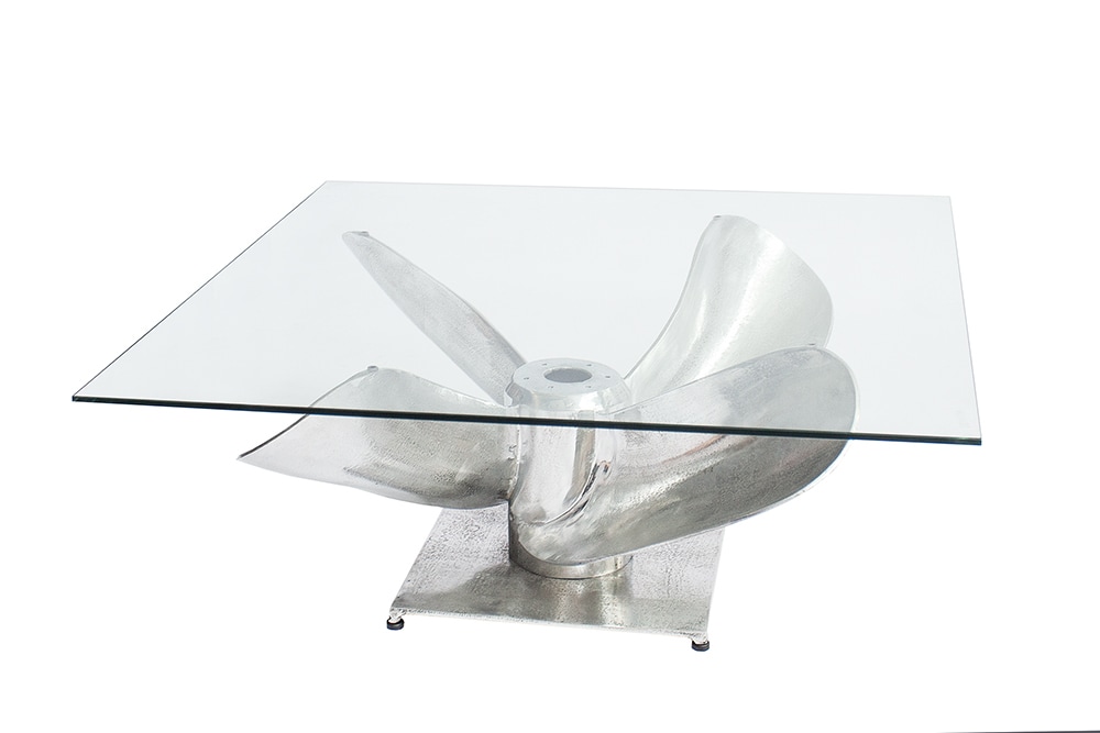 Maritimer Couchtisch OCEAN L 85cm silber antik Schiffsschraube mit Glasplatte
