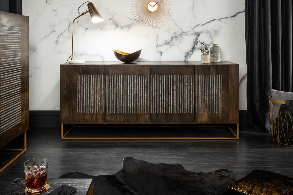 Massives Sideboard ONYX 180cm dunkelbraun Mangoholz Edelstein Achat gold Metallgestell