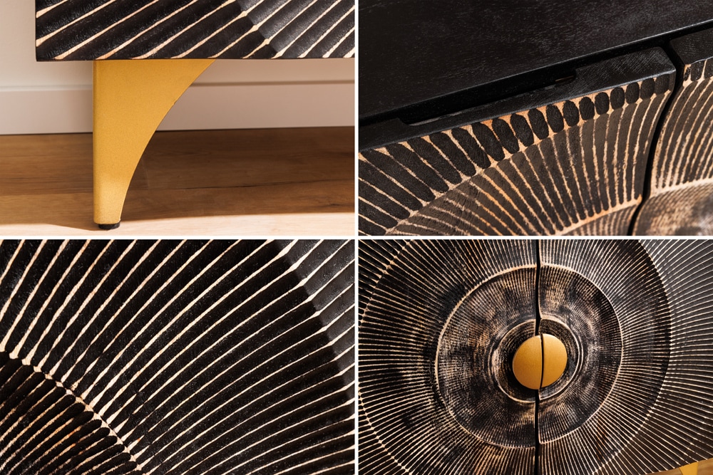 Massives Sideboard GOLDEN SUNSET 100cm schwarz Mangoholz 3D Schnitzerei gold Metall