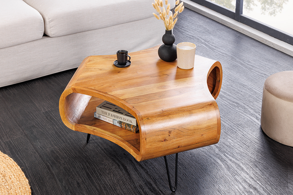 Retro Couchtisch ORGANIC LIVING 70cm braun Akazie Massivholz honey finish  Stauraum