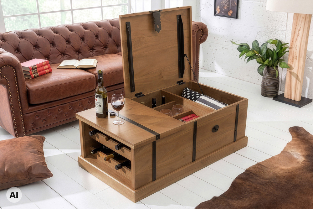 Massiver Couchtisch BODEGA 100cm braun honey finish Mangoholz Hausbar Truhe Stauraum