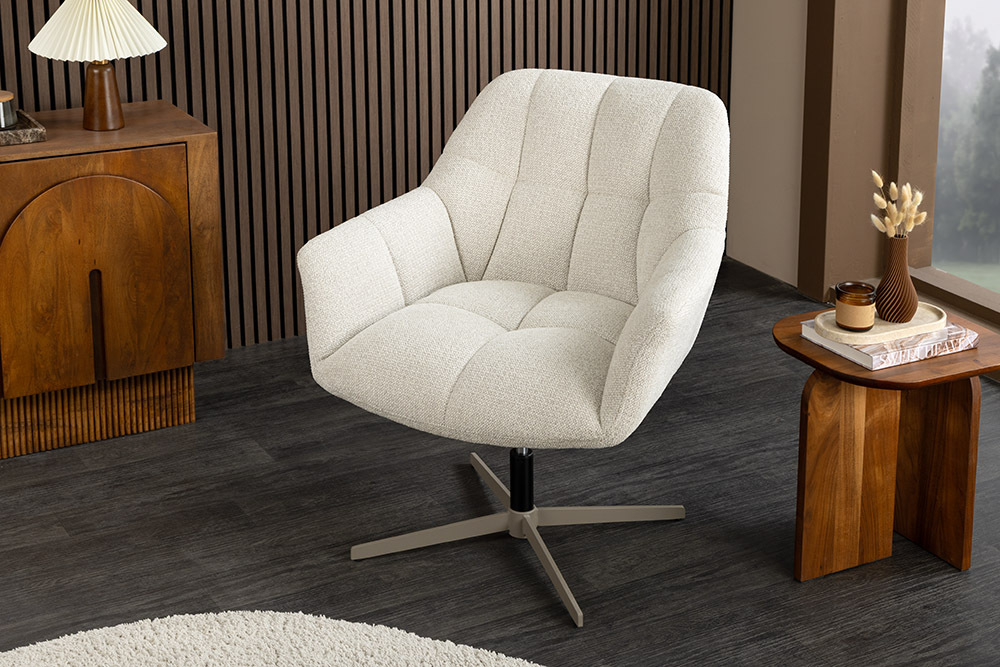 Drehbarer Design Sessel PAPILLON beige Bouclé Tweed soft 360° Metall höhenverstellbar