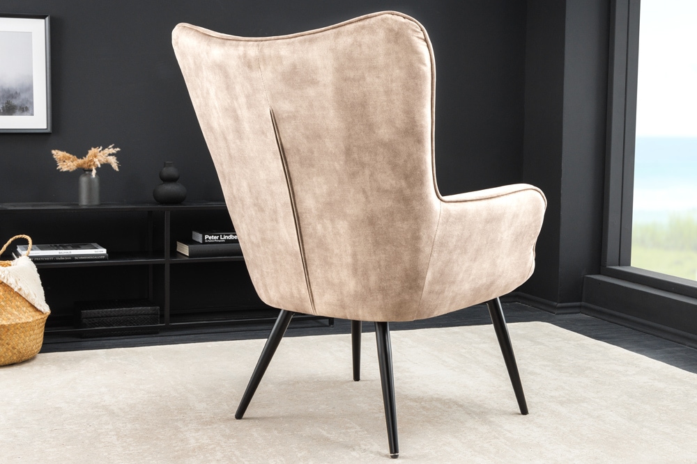 Moderner Sessel SCANDINAVIA champagner beige Samt schwarze Metallbeine mit Armlehne