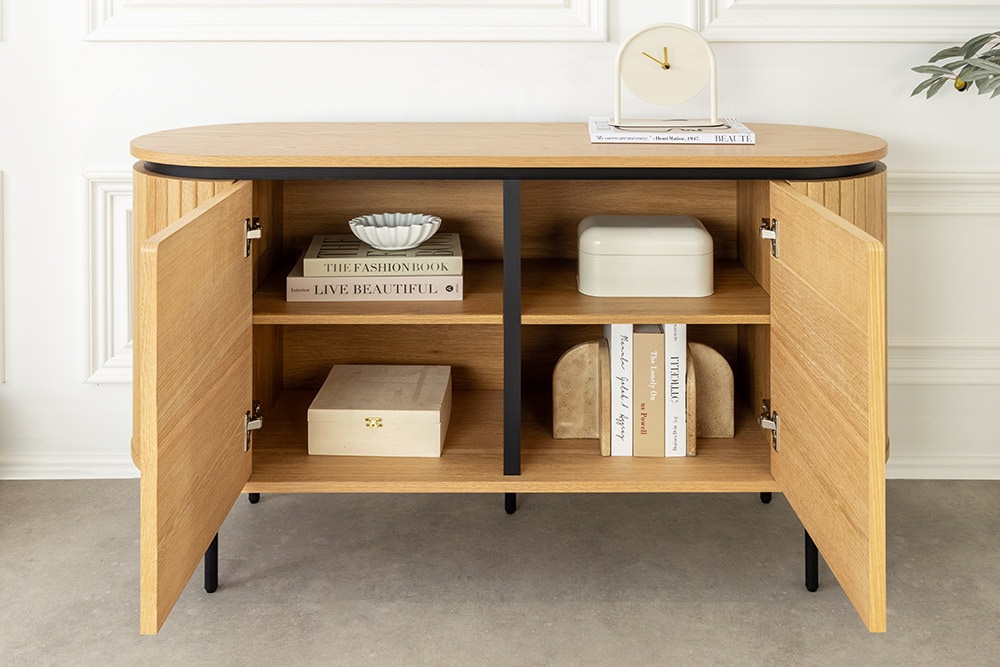 Modernes Sideboard ATELIER 120cm natur Eiche schwarz Metall vier Fächer