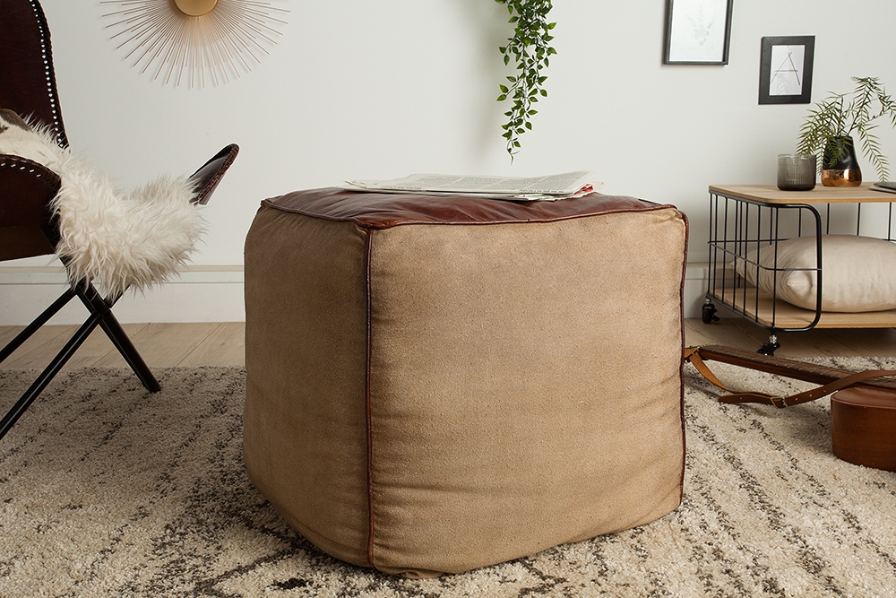 Retro Sitzpouf MUSTANG 45cm Lederbezug mit Leinen Sitzwürfel