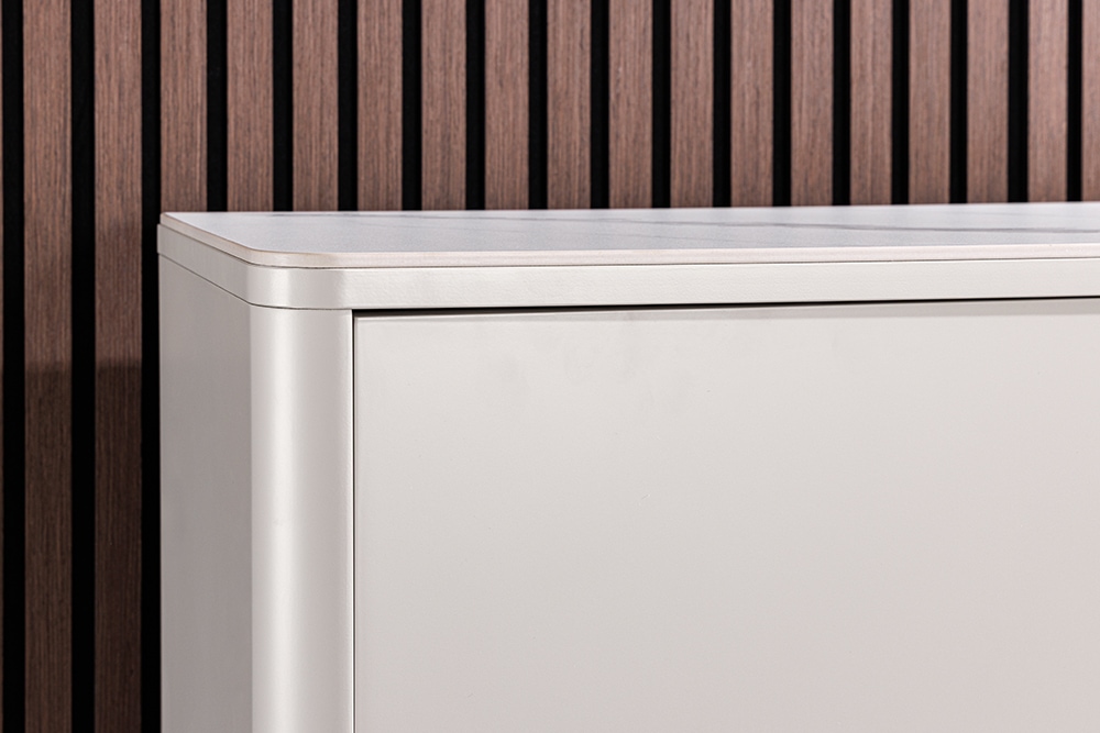 Design Highboard SAVOY 130cm kaschmir weiß Marmor Keramik mit Stauraum und 3D-Front