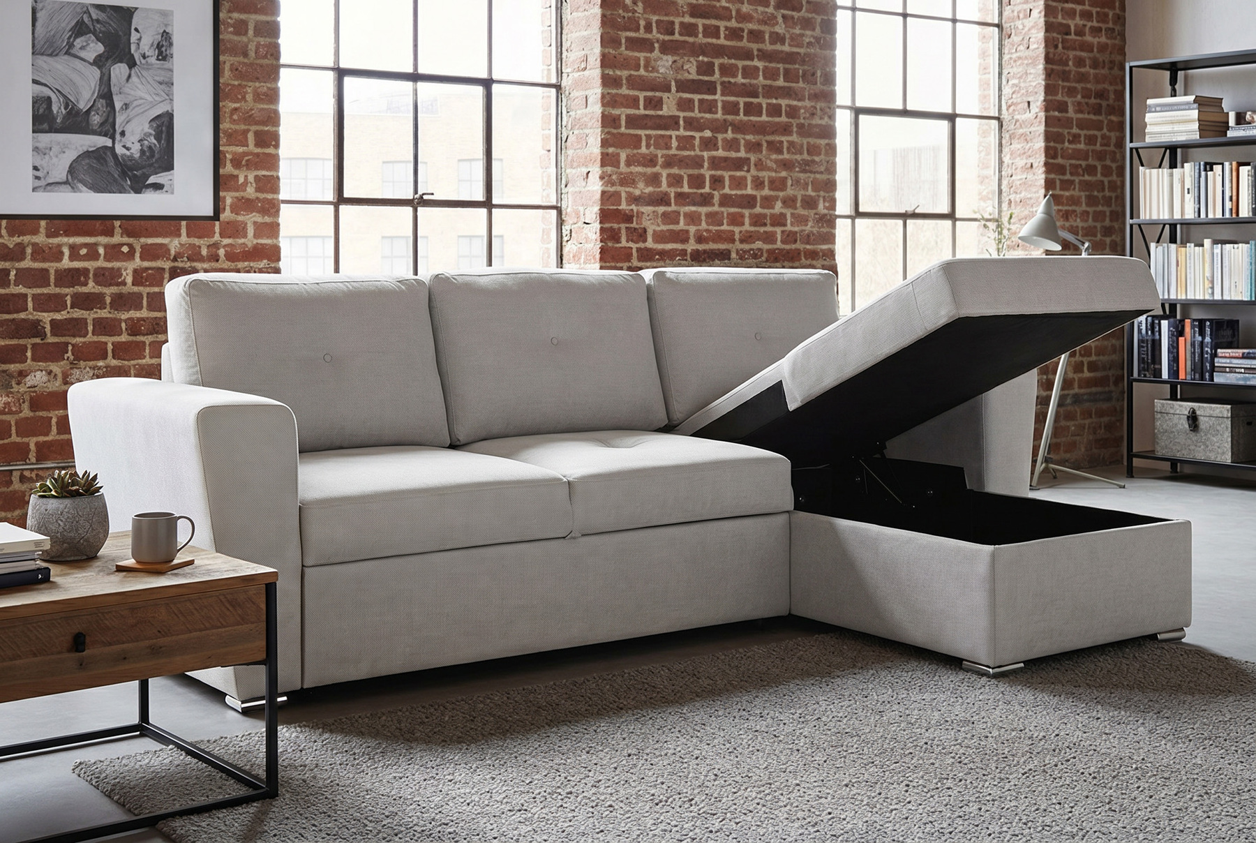 Ecksofa mit Schlaffunktion APARTMENT beidseitig aufbaubar beige Strukturstoff inkl. Stauraum