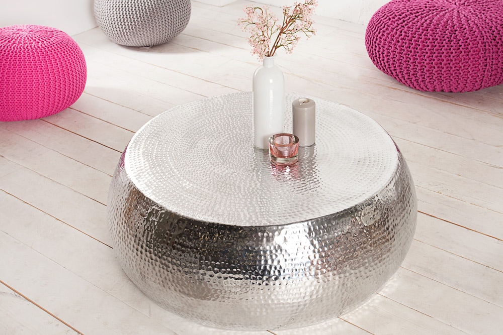 Runder Couchtisch ORIENT 80cm silber Metall Aluminium Hammerschlag Design handmade