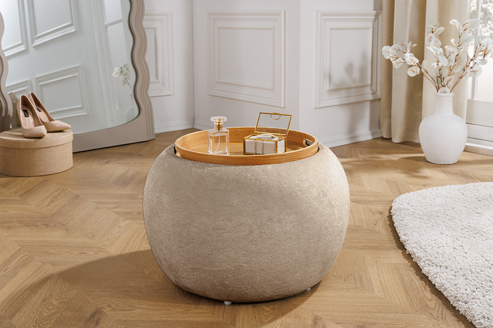 Runder Couchtisch ORBIT 50cm champagner-greige Bouclé Hocker mit Tablett und Stauraum