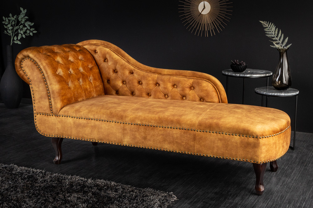 Design Récamière CHESTERFIELD 170cm senfgelb Samt Knopfheftung Nietenbesatz