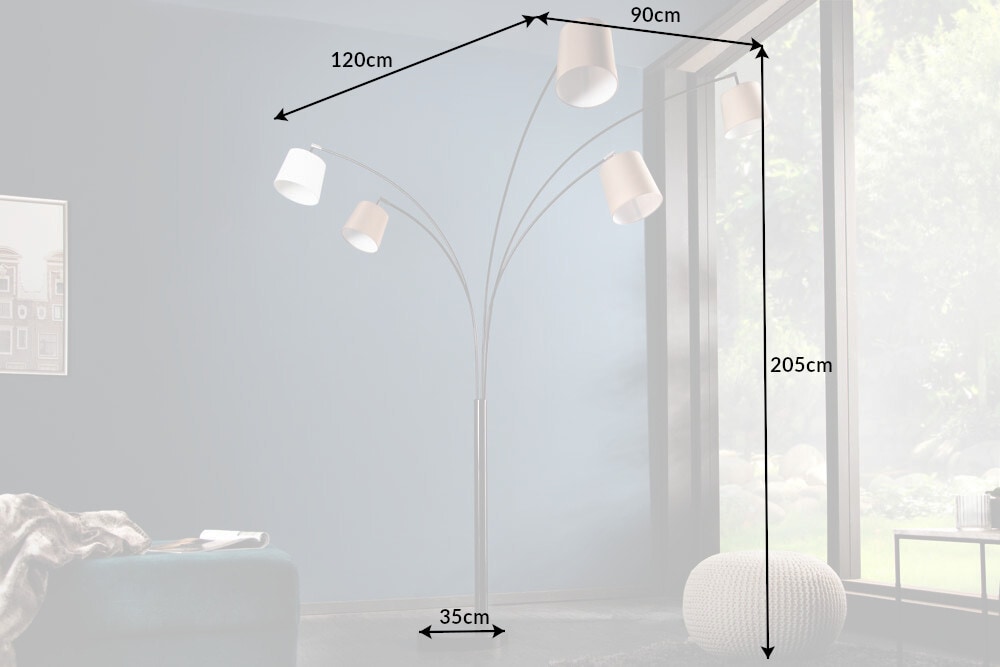 Design Bogenlampe LEVELS 205cm weiß beige braun 5 Leinenschirme Stehlampe