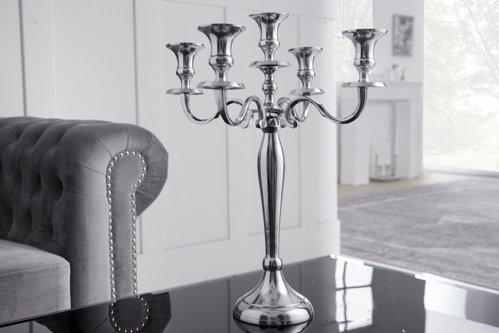 Kerzenständer MODERN BAROCK 40cm silber 5-armig Lüster Aluminium poliert Kerzenhalter
