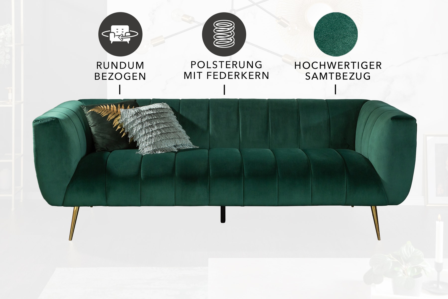 Design 3-Sitzer Sofa NOBLESSE 225cm smaragdgrün Samt Federkern goldene Metallfüße