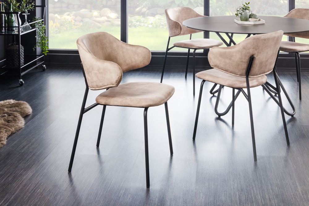 Design Stuhl VOGUE champagner greige Samt schwarze Metallbeine