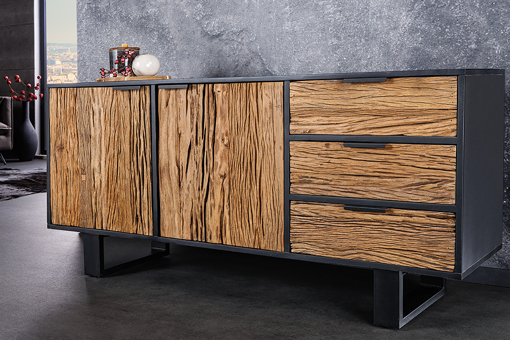 Massivholz Sideboard BARRACUDA 150cm Teak Mango schwarz Metall recycelt