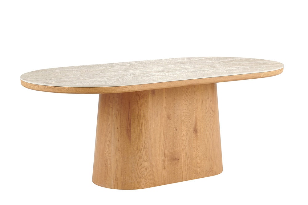 Ovaler Esstisch UNIQUE 200cm beige natur Travertin Eiche mit Säulenfuß