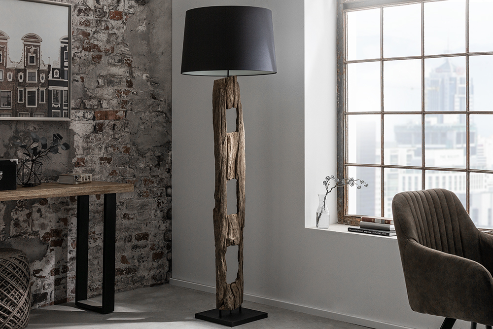 Massive Stehlampe BARRACUDA 177cm natur Akazie Baumwollschirm schwarz Baumstamm