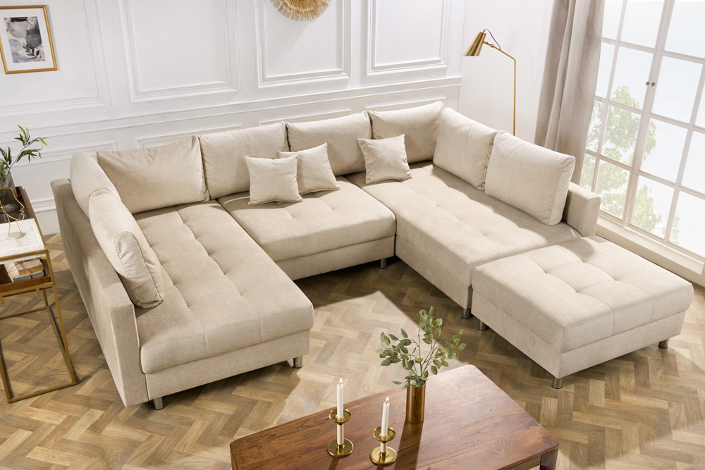 XXL Wohnlandschaft KENT 305cm champagner beige Vogue Velours Samt Federkern mit Hocker