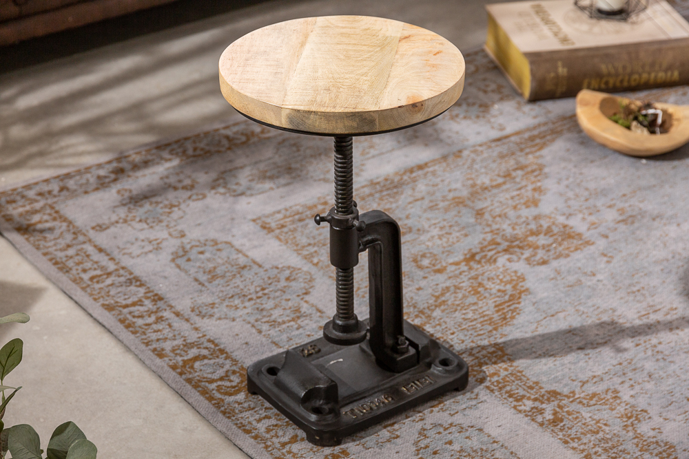 Höhenverstellbarer Beistelltisch ENGINEER 30cm Mangoholz Industrial Design massiv rund Eisen
