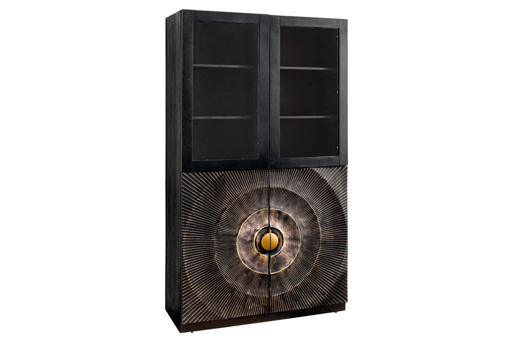 Massives Highboard GOLDEN SUNSET 180cm schwarz gold Mangoholz mit Glastüren Vitrine