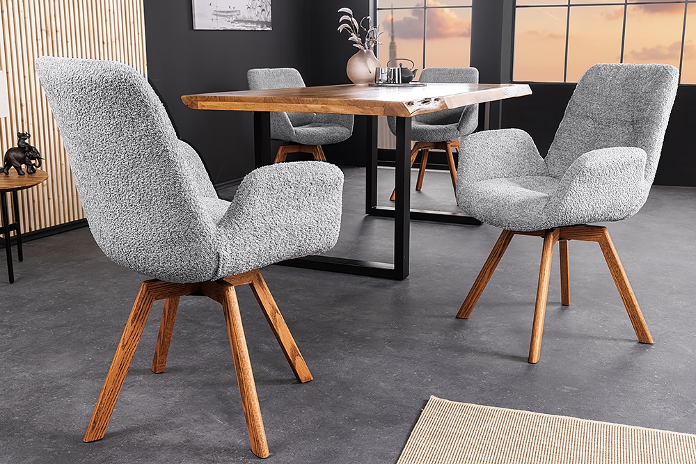 Drehbarer Design Stuhl BALTIC grau Bouclé natur Eiche Massivholz-Beine mit Armlehne