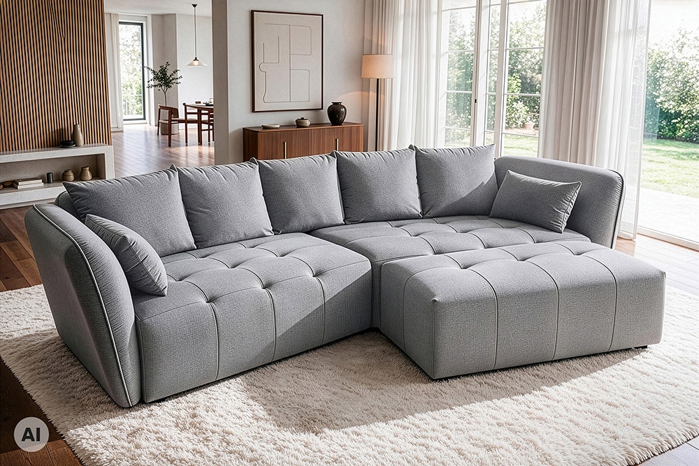 Moderner Hocker ROYAL 120cm grau Veloursstoff Federkern Sitzhocker