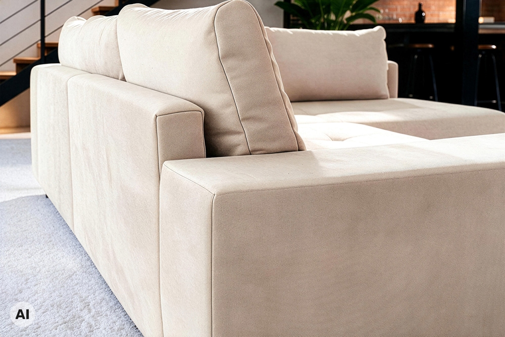 Moderne Wohnlandschaft KENT 220cm champagner beige Vogue Velours Samt Federkern mit Hocker