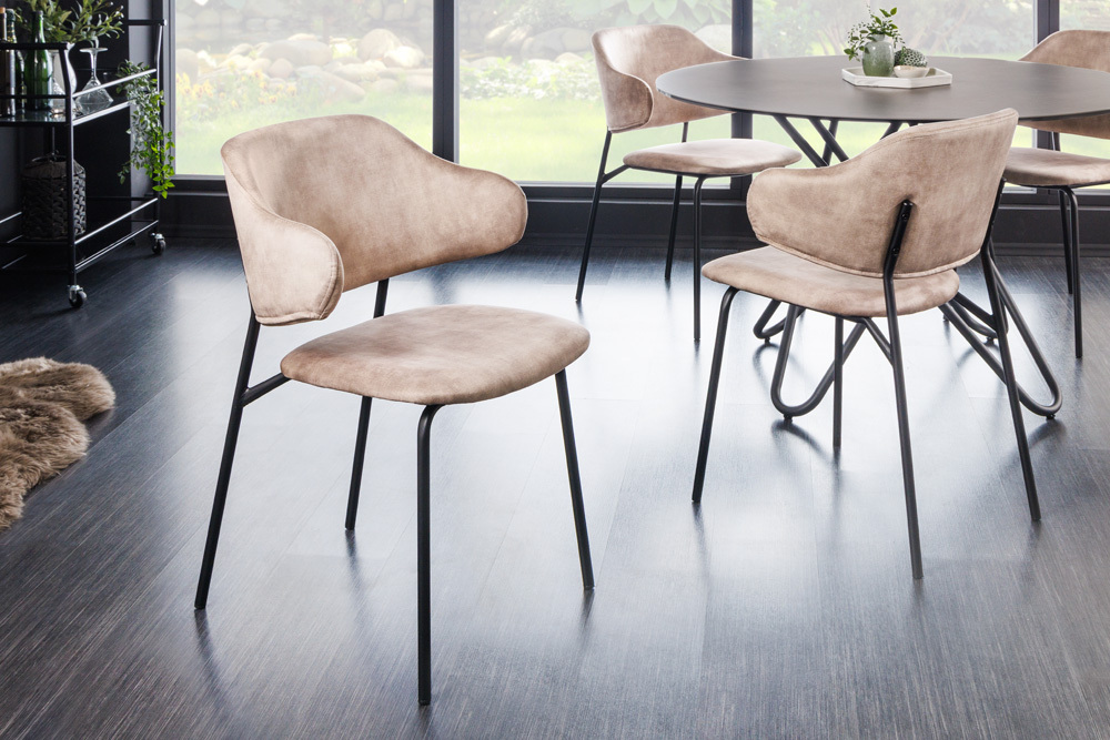 Design Stuhl VOGUE champagner greige Samt schwarze Metallbeine