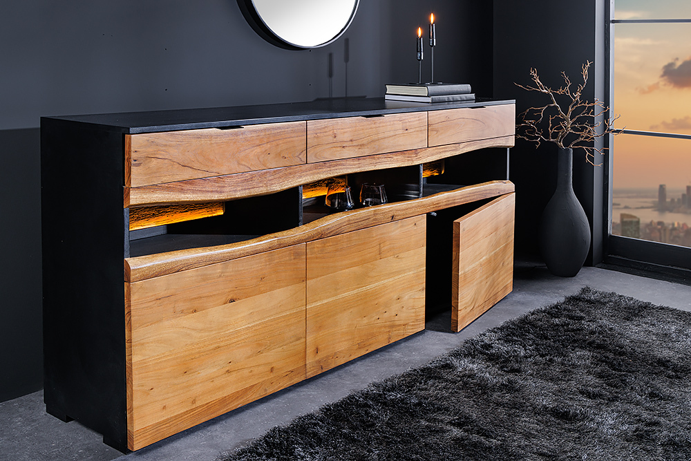 Massivholz Sideboard GRAND ACACIA 180cm braun Akazie mit LED-Beleuchtung Baumkante