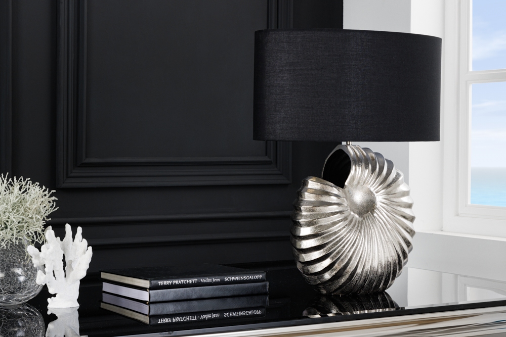 Design Tischlampe SHELL 60cm silber schwarz Metall Stoffschirm maritim