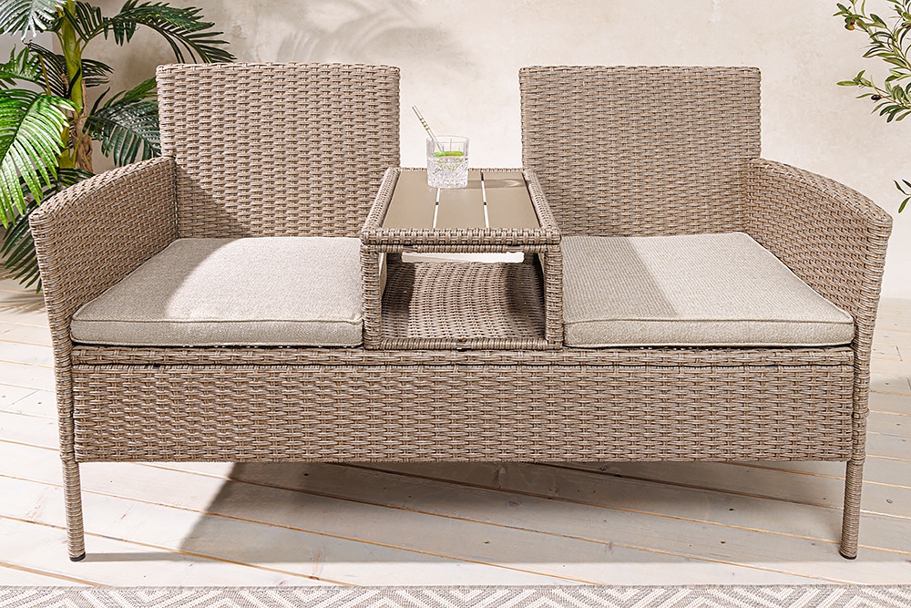 Moderne Gartenbank PORTOFINO 140cm natur beige Polyrattan Sitzbank mit Tisch wetterfest