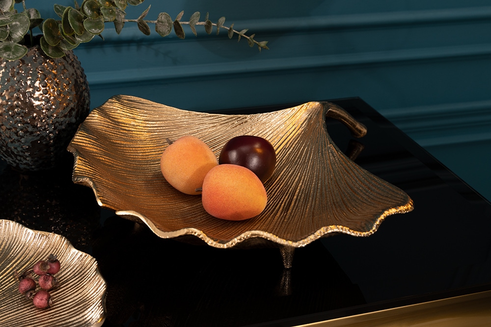 Dekorative Schale GINKGO 45cm gold handmade Metall