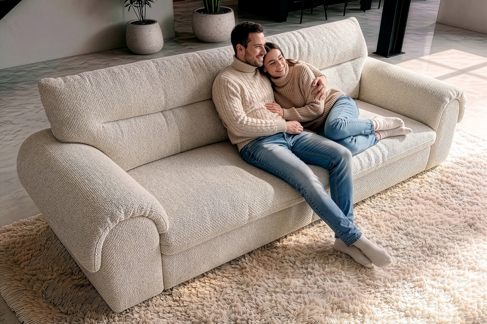 3-Sitzer Sofa SIXTH SENSE 210cm beige Bouclé-Strickstoff mit Nosagfederung und Daunenfedern