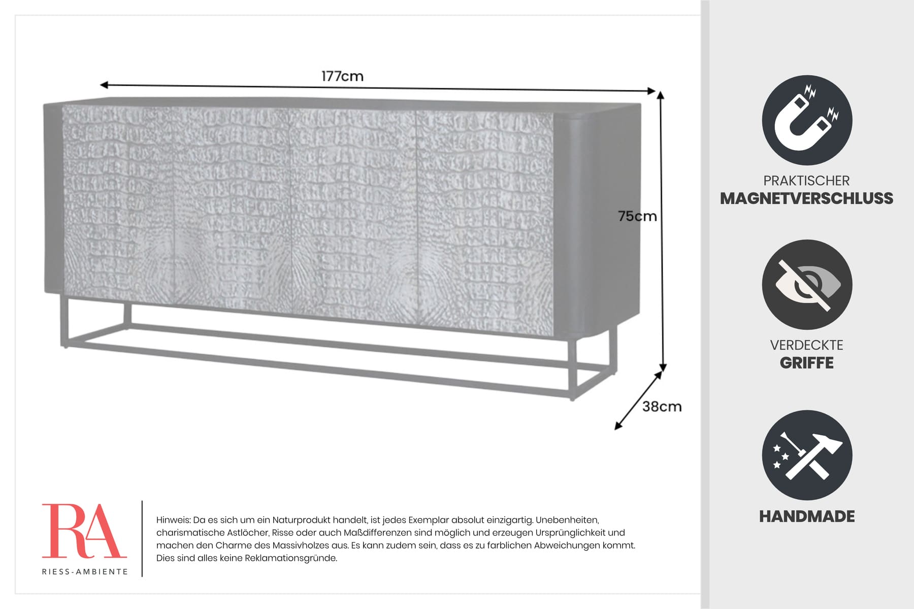 Handgefertigtes Sideboard CROCO 180cm grau schwarz Mangoholz mit 3D Schnitzereien massiv Metall