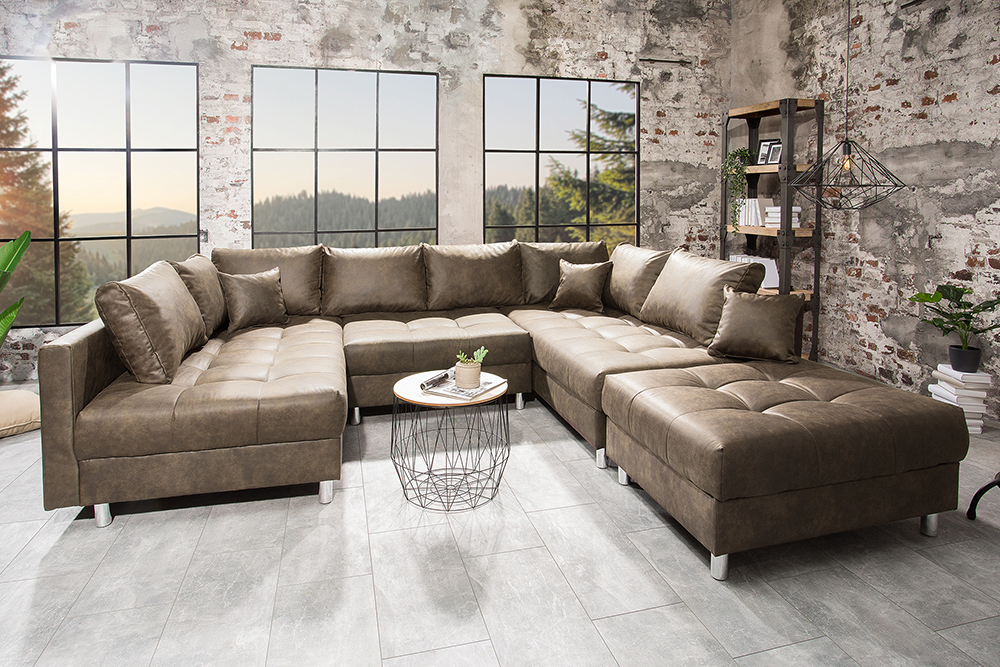 Moderne XXL Wohnlandschaft KENT 305cm taupe Federkern Bigsofa inkl. Hocker