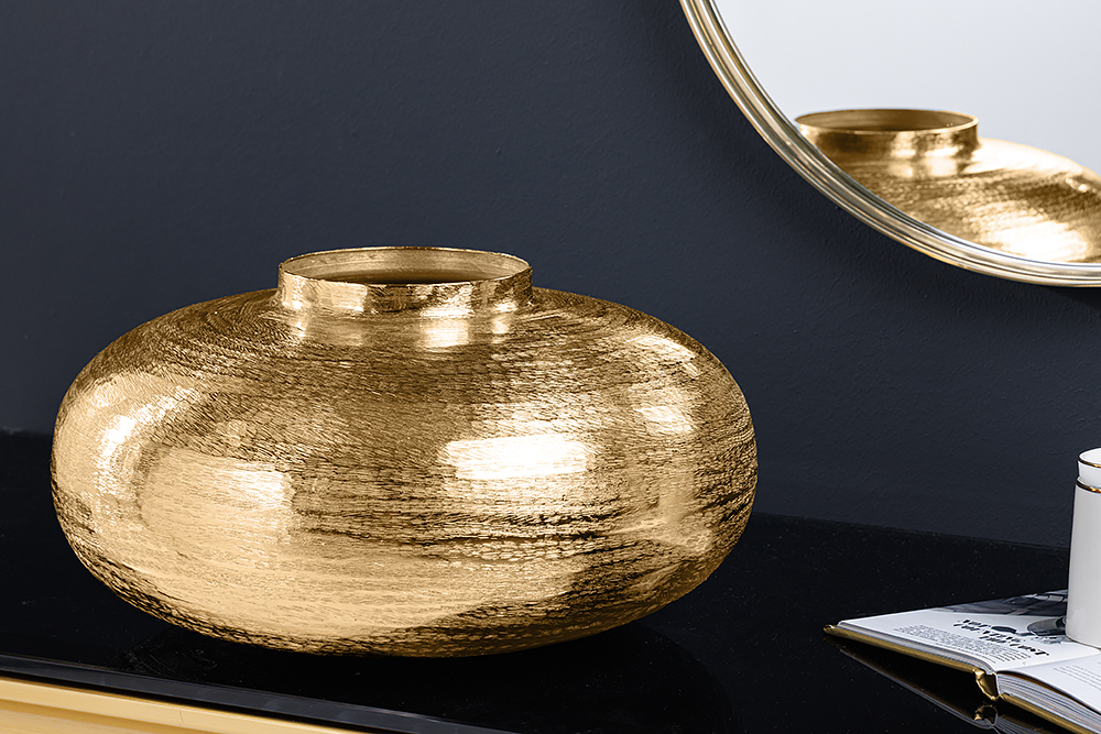 Moderne Deko Vase ABSTRACT ORIENT 35cm gold rund Metall Hammerschlag-Design
