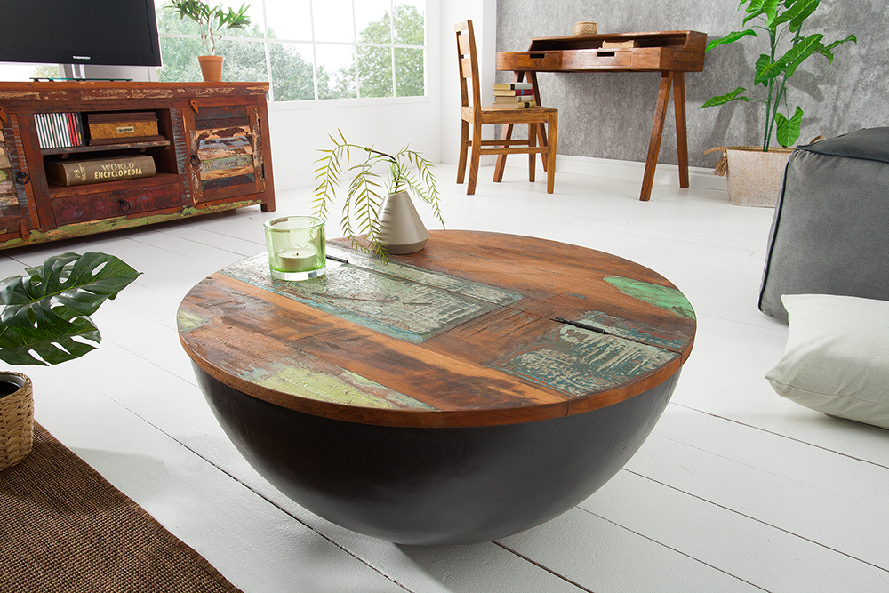 Massivholz Couchtisch JAKARTA 70cm grau rund aus recycelten Fischerbooten