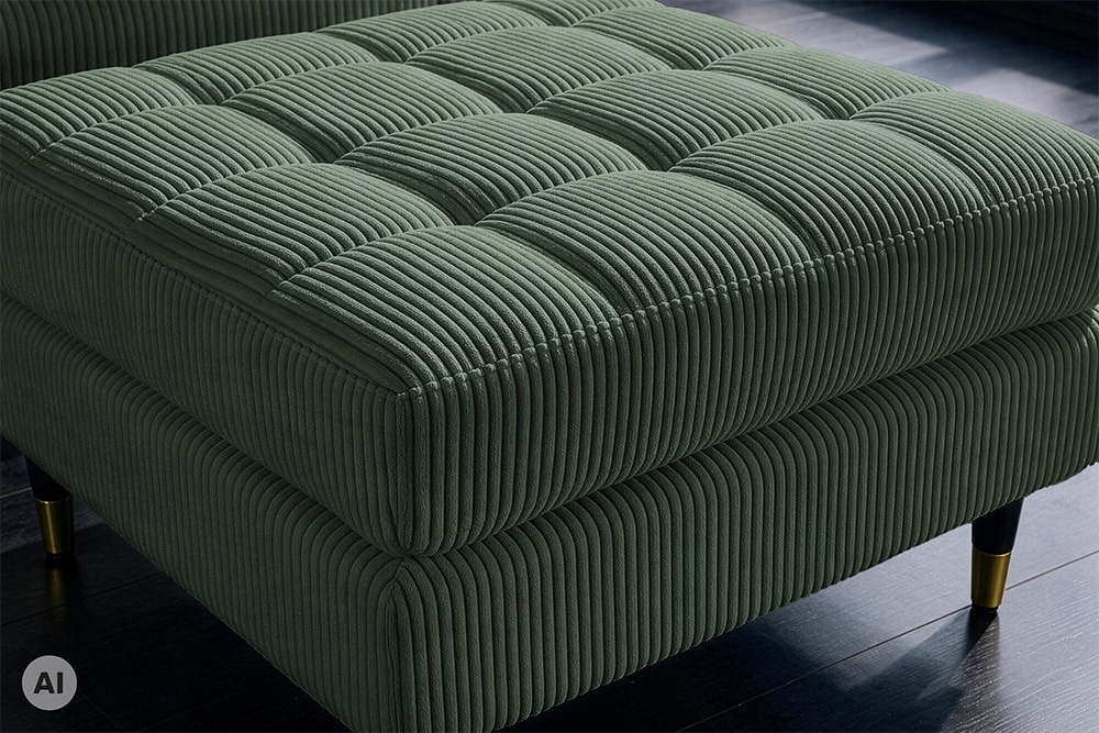 Design Hocker COZY VELVET 80cm grün Cord schwarz mit goldener Metallkappe