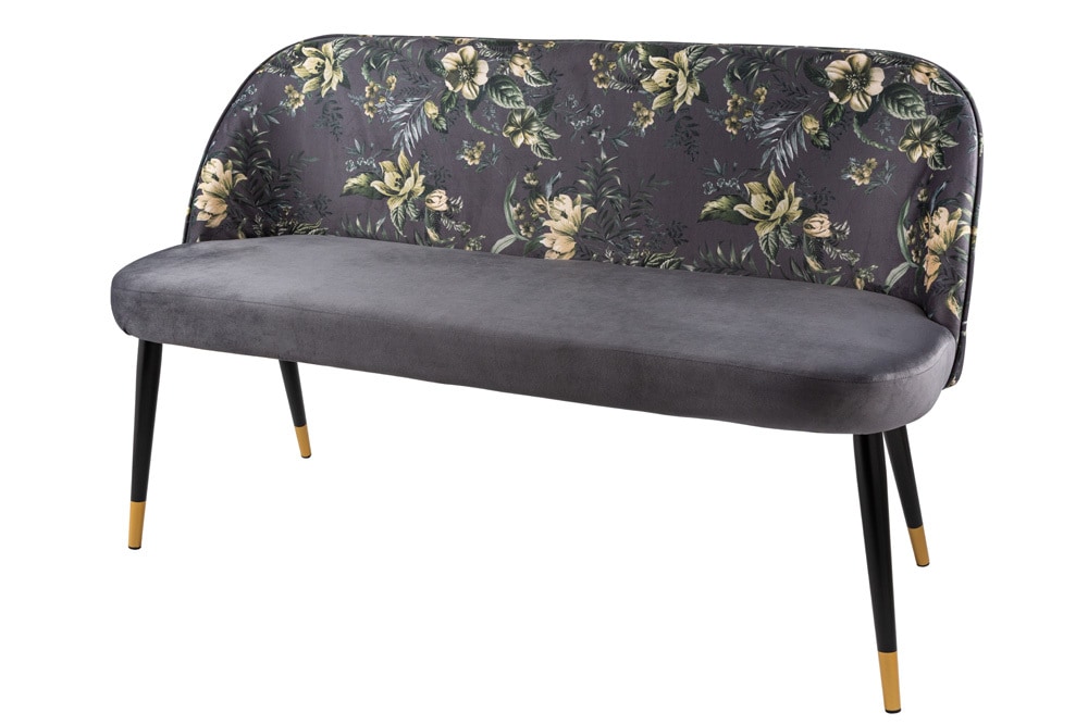 Design Bank PRÊT-À-PORTER grau Samt florales Muster und goldene Fußkappen