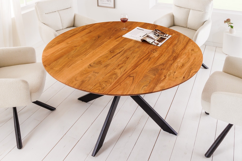 Massivholz Esstisch GALAXIE 130cm rund Akazie natur schwarzes Metallgestell » Jetzt kaufen
