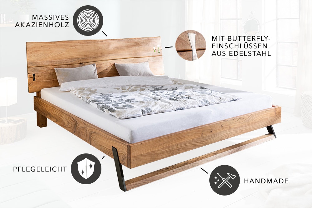 Massivholz Bett AMAZONAS 180x200cm Akazie Baumkante natur Doppelbett