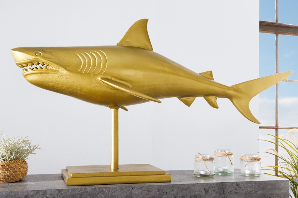 Maritime Skulptur HAI 103cm gold handmade Metall Design Haifisch