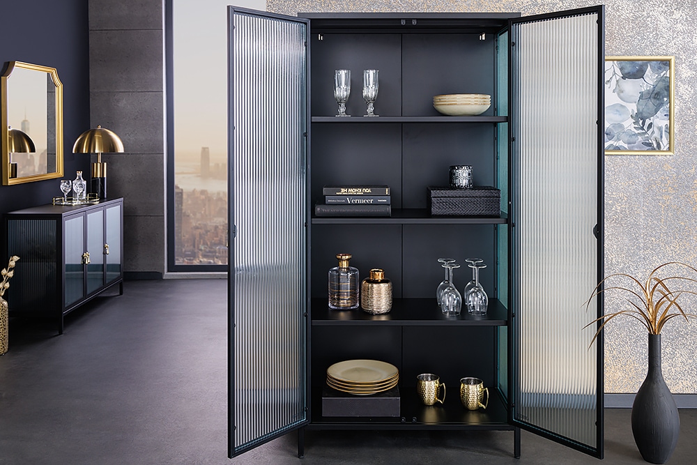 Moderne Vitrine AMSTERDAM 160cm schwarz gold Riffelglas Metall Highboard Schrank