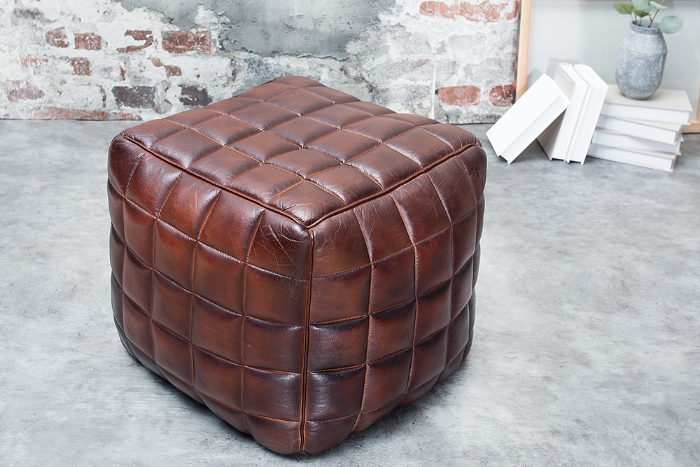 Retro Hocker RIDER 40cm braun Echtleder mit Ziersteppung