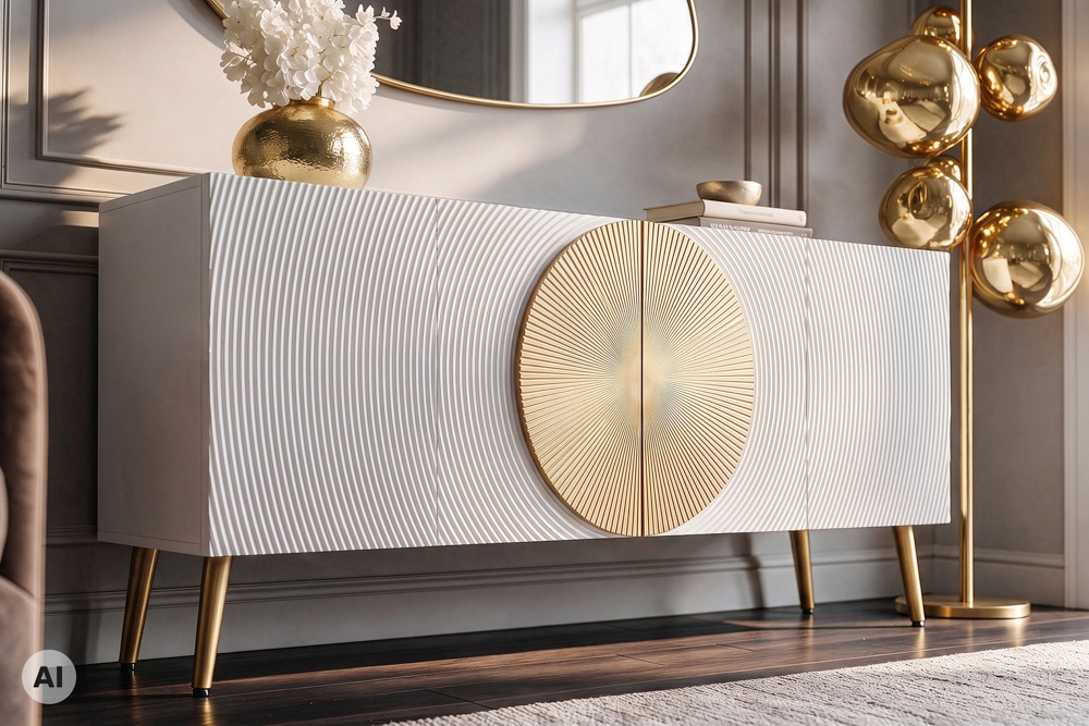 Massives Sideboard AURUM 180cm weiß Mangoholz mit ikonischem Gold-Element