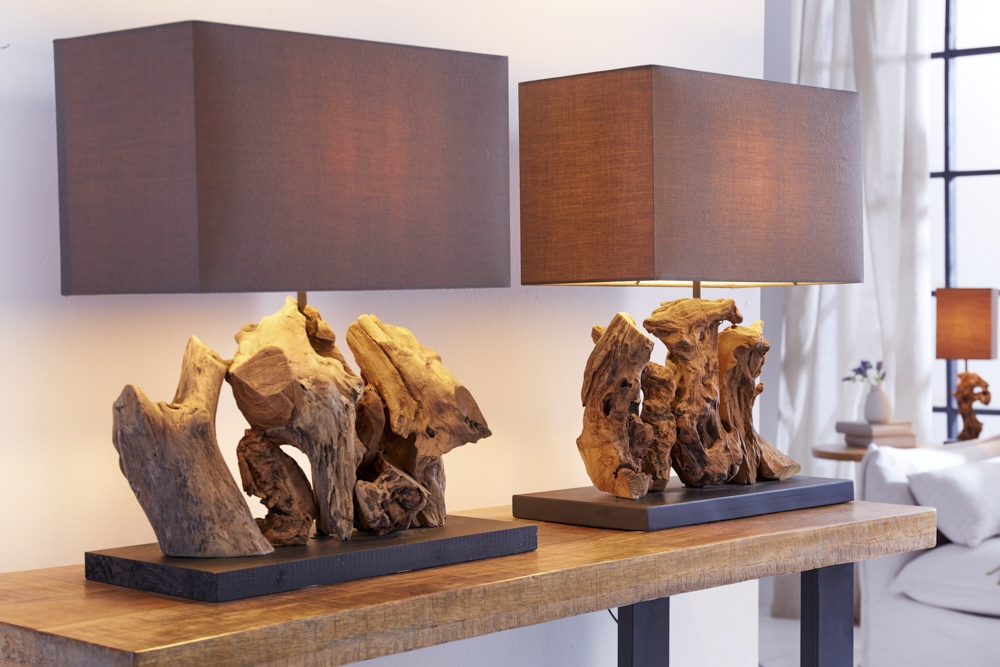 Handgefertigte Tischlampe ARAGON 50cm braun Treibholz-Fuß mit Leinenschirm