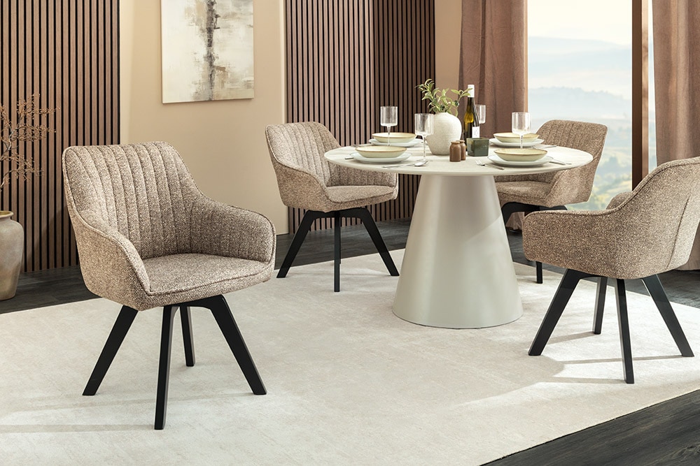 Design Stuhl LIVORNO taupe Strukturstoff schwarz Massivholz drehbar Auto-Return-Funktion