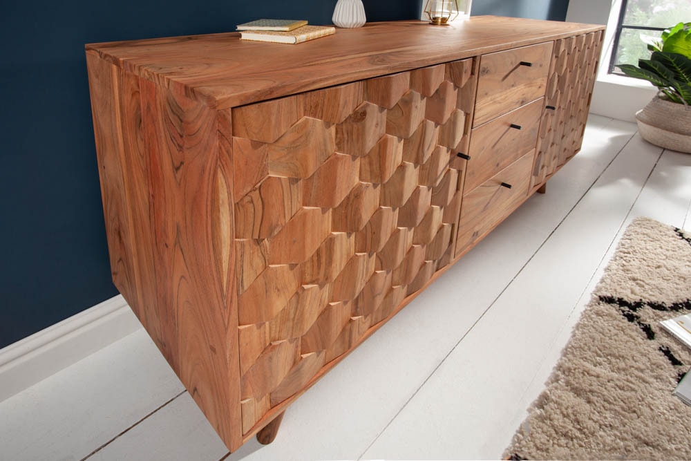Massivholz Sideboard MYSTIC LIVING 145cm Akazie natur Kommode mit Schubladen 3D-Design