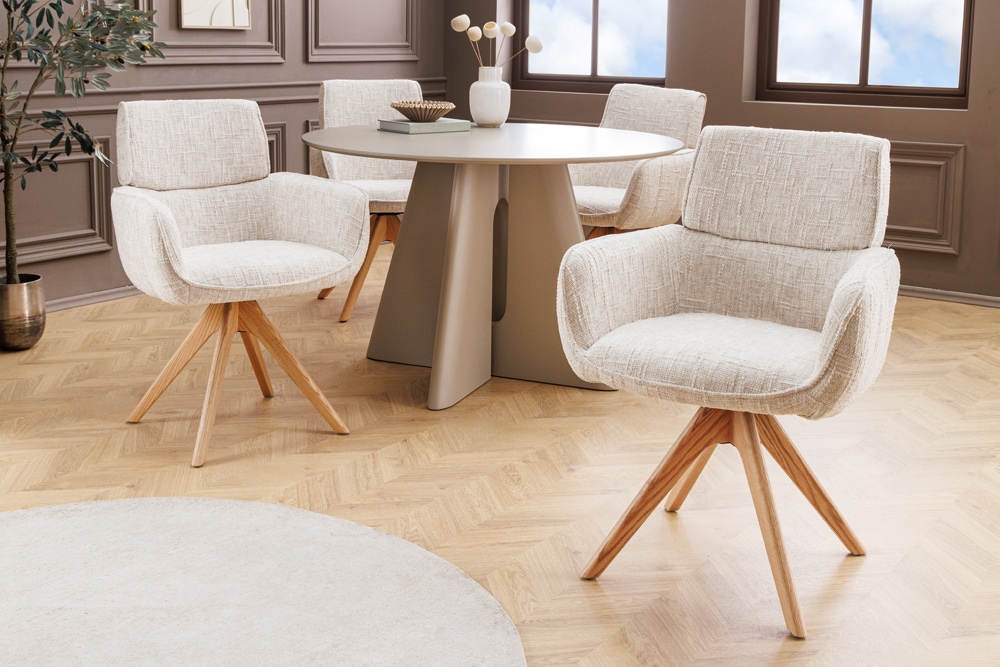 Drehbarer Stuhl UNIQUE beige Chenille Eichenholzbeine mit Armlehne